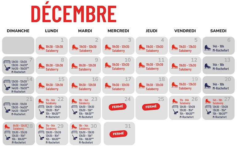 Calendrier du patinage et hockey libre - Décembre 2025