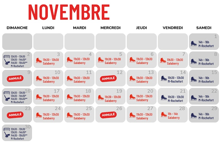 Calendrier du patinage et hockey libre - Novembre 2025