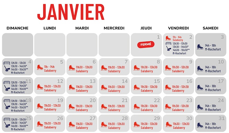 Calendrier du patinage et hockey libre - Janvier 2026